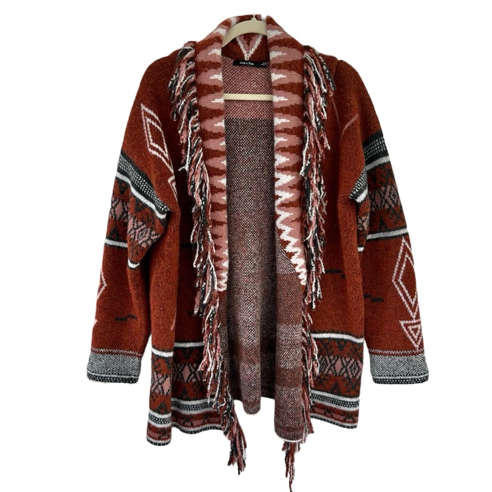 DOE & RAE Western Aztec Open Fringe Cardigan Sweater L